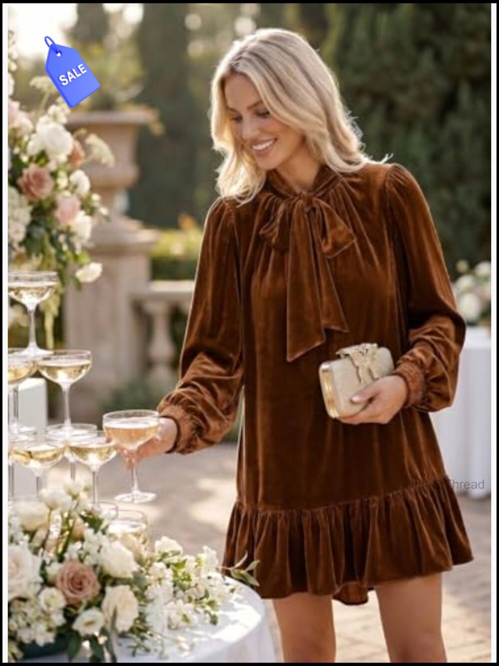 Long Sleeve Tie Neck Ruffle Hem Babydoll Mini Dress Casual Shift Dress - Picture 2 of 5